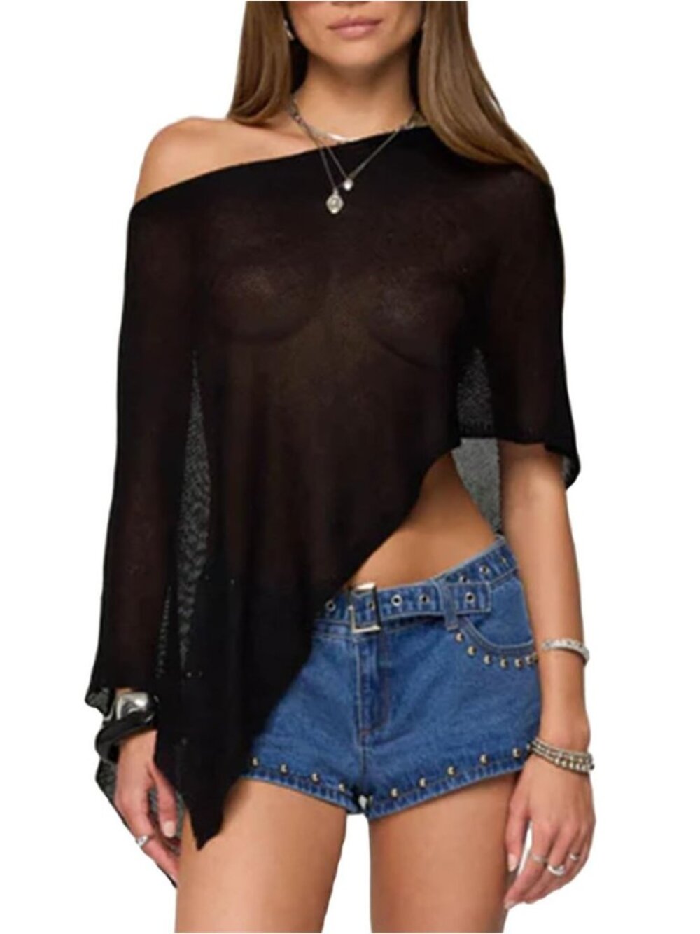 Women Sheer Poncho Top Sexy Y2k Sheer Crochet Off Shoulder Asymmetric Loose Knit